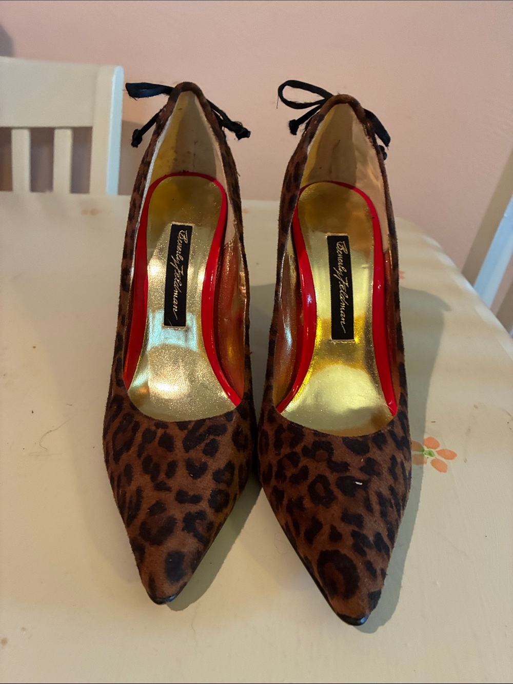 Beverly Feldman Leopard Print Pointed Pumps with Gold Insole and Red Trim